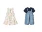 Gestreepte jurk in kleur en denim tuinbroek met blauw T-shirt voor baby's.