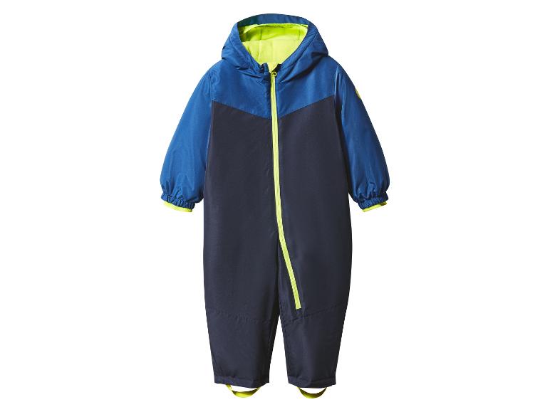 Kinderregenpak in donkerblauw en koningsblauw met een neon groene rits