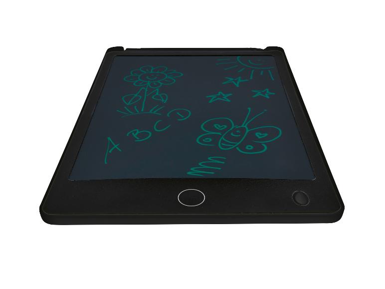 Zwart LCD-schrijftablet met groene tekeningen van een bloem, zon, sterren, ABC en een vlinder