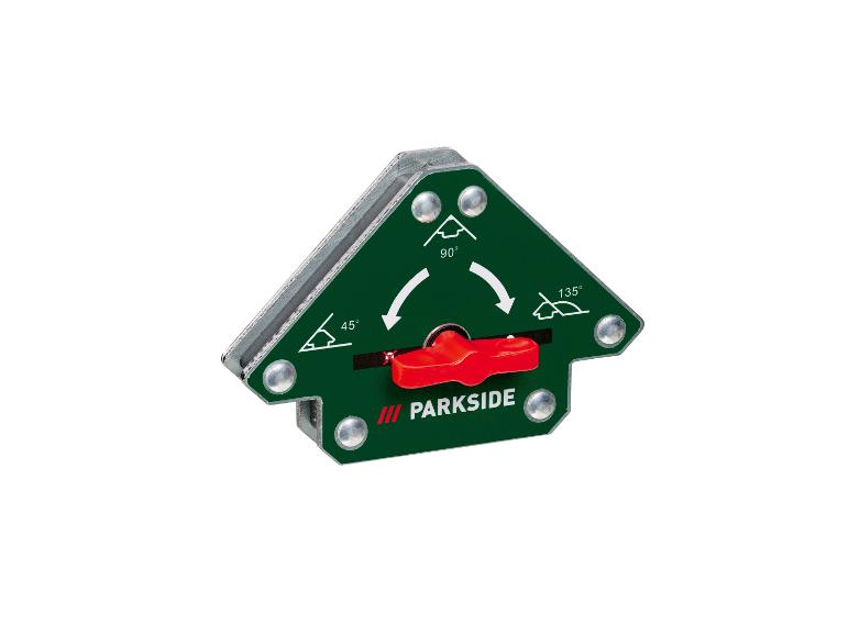 PARKSIDE magnetische lasthoek met rode schakelaar, toont hoeken van 45°, 90° en 135°.
