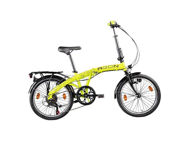 Een felgroene Agon vouwfiets met zwarte accenten en een bagagedrager.