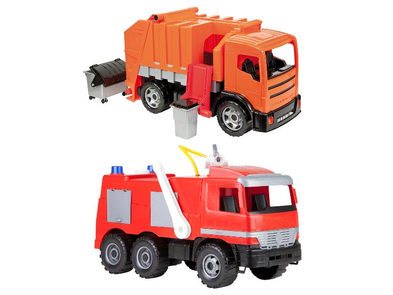 Speelgoed vuilniswagen met containers en speelgoed brandweerwagen met ladder