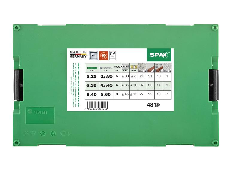 Groene sorteerdoos met schroeven en pluggen, inclusief maatinformatie en een aantal van 481 stuks.