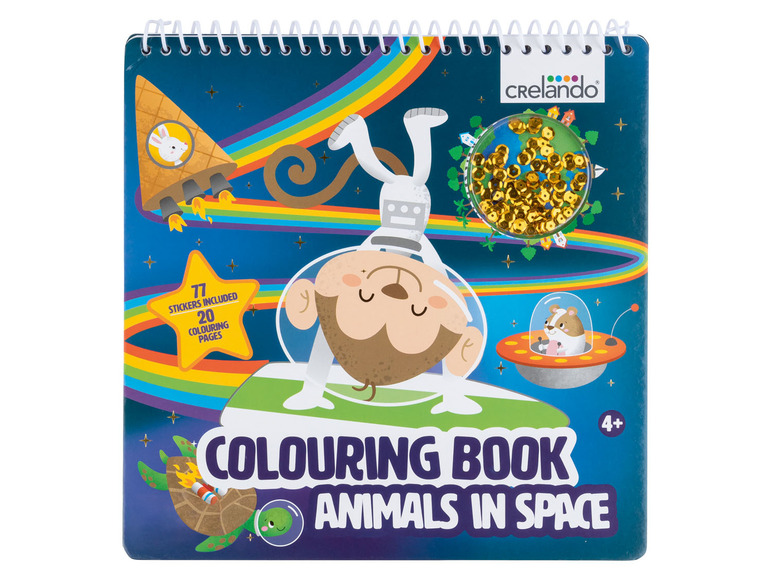 Kleurboek met stickers van dieren in de ruimte van Crelendo.