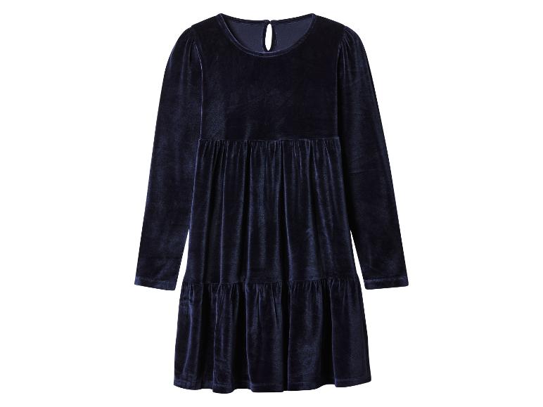 Donkerblauwe fluwelen jurk met lange mouwen en ruches