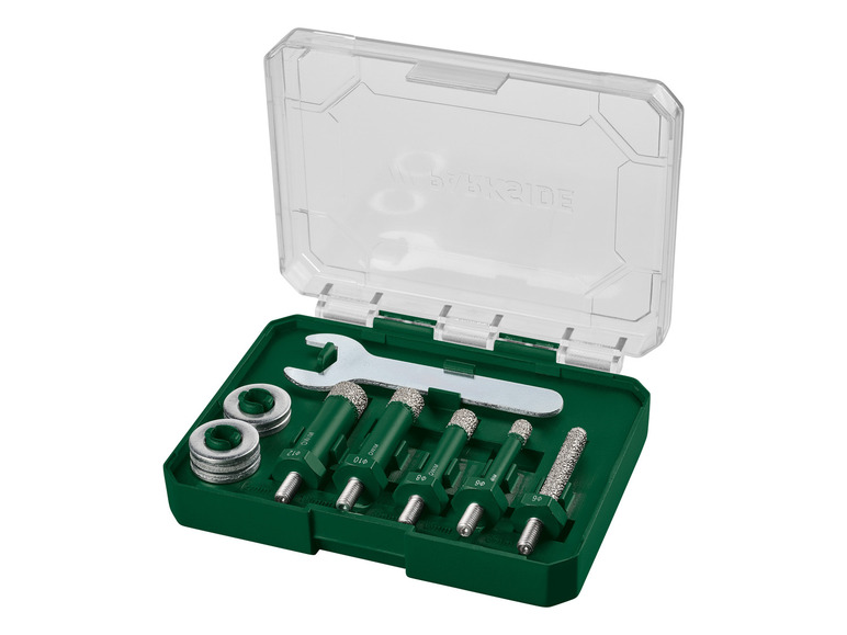 Een set van 6 diamantboren met een sleutel in een groene doos.