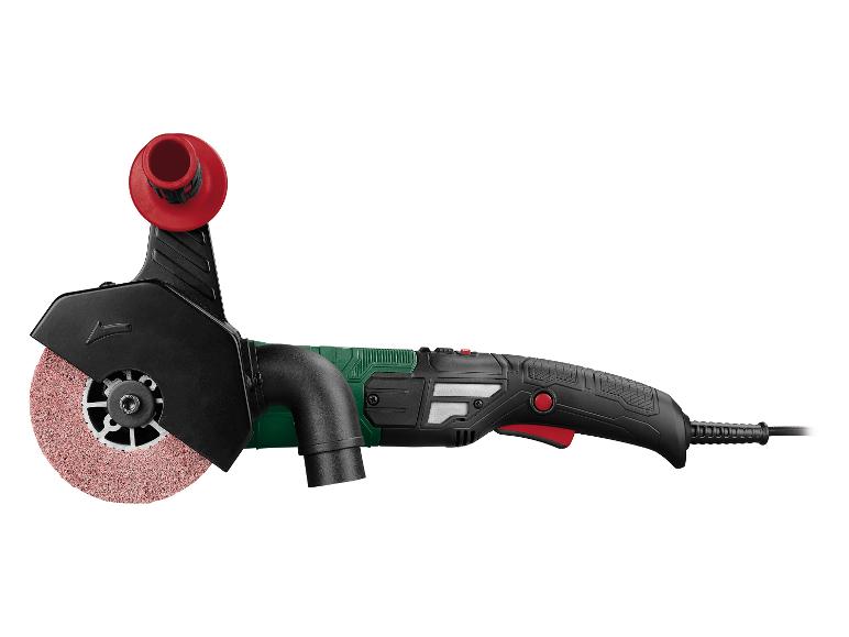 Slijpmachine met rode schijf en zwarte beschermkap op witte achtergrond.