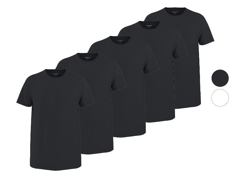 Set van vijf zwarte heren T-shirts, maat M, met kleurstalen.