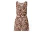 Dames jumpsuit met bruine en beige print, V-hals en elastische taille.