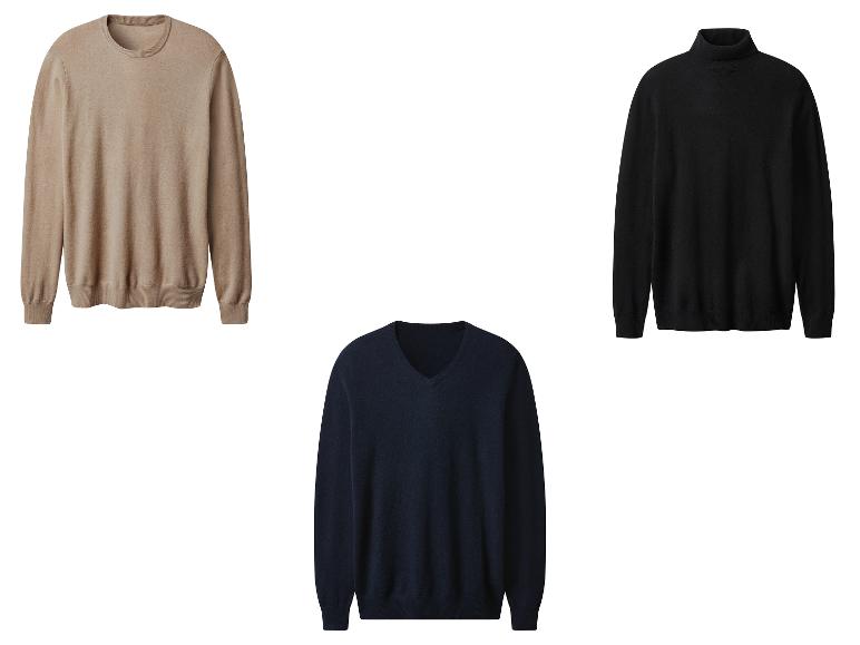 Drie herentruien: een beige ronde hals, een zwarte coltrui en een donkerblauwe V-hals.