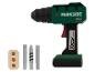 Parkside boormachine met accessoires, inclusief bits en een houten blok.