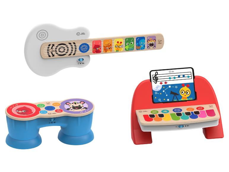 Baby Einstein muziekinstrumenten: gitaar, drumstel en piano met dierenontwerpen.