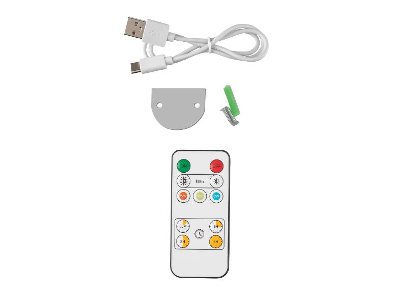 Afstandsbediening, USB-kabel en bevestigingsmateriaal voor verlichting.