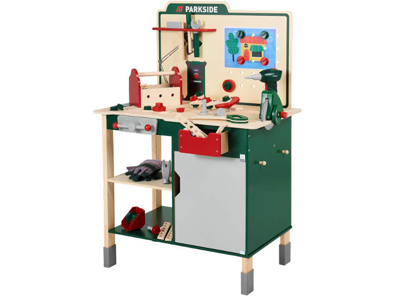 Houten speelgoedwerkbank met gereedschap, gereedschapskist en een huisbouwactiviteitenbord.