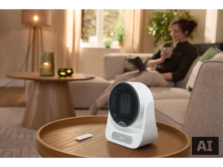 Witte tafelverwarming met afstandsbediening in een gezellige woonkamer.