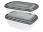 Twee grijze plastic bewaardozen met deksels.