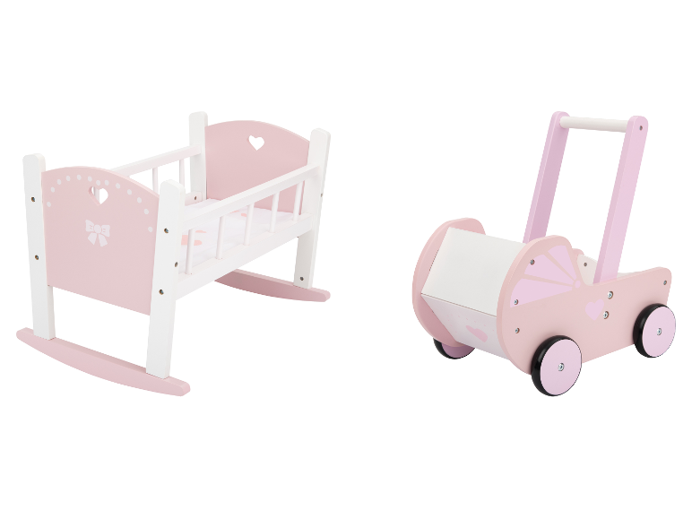 LUPILU® Houten babypoppenmeubels: roze en witte wieg en poppenwagen.