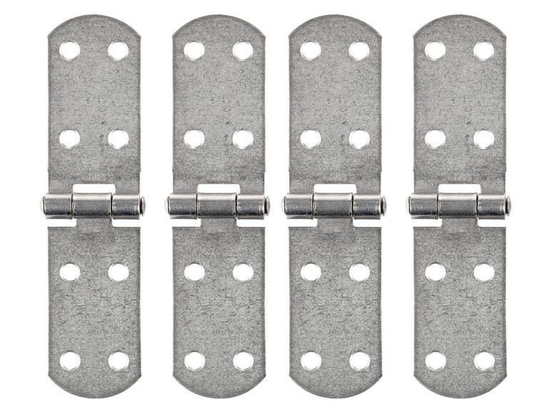 Vier zilveren scharnieren voor deuren of poorten.
