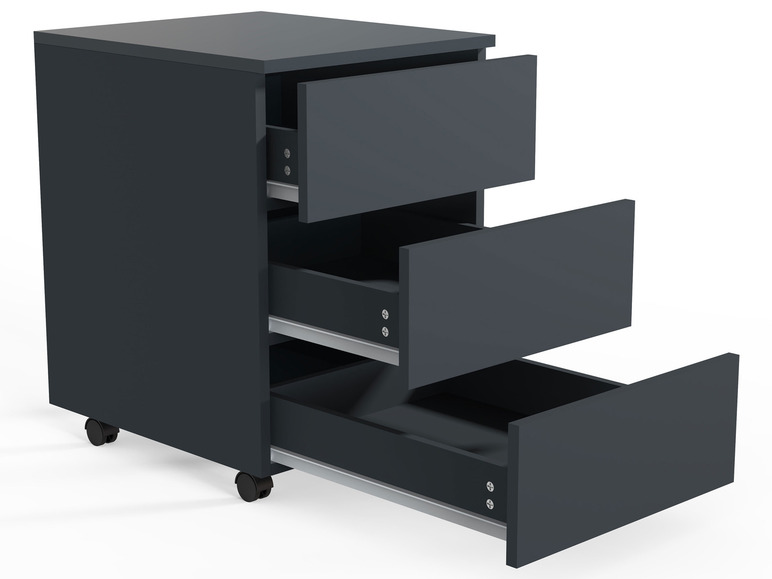 Een donkergrijze ladekast met drie lades en wielen.