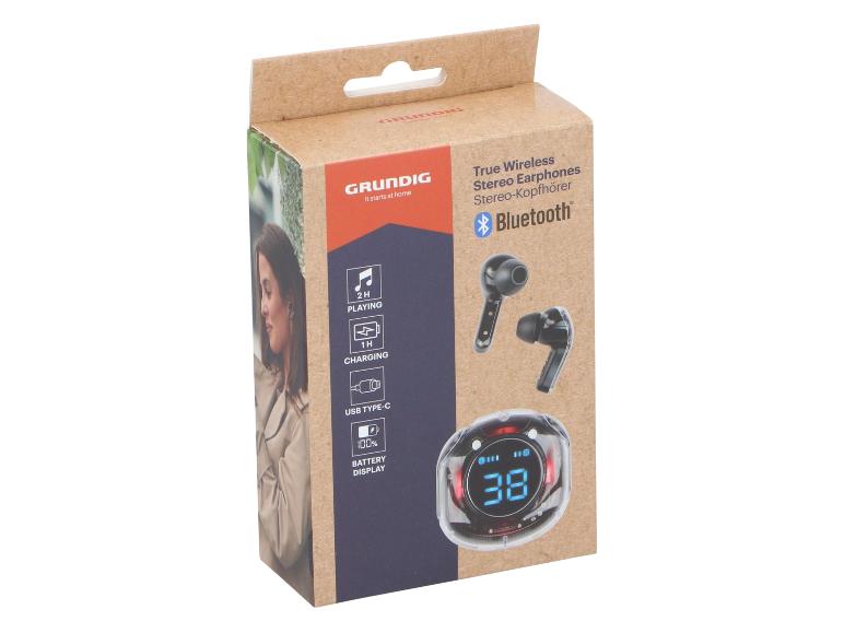 Grundig True Wireless stereo oortelefoonverpakking met Bluetooth en batterijdisplay.