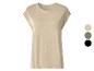 Dames beige T-shirt met korte mouwen en ronde hals, met kleurstalen.