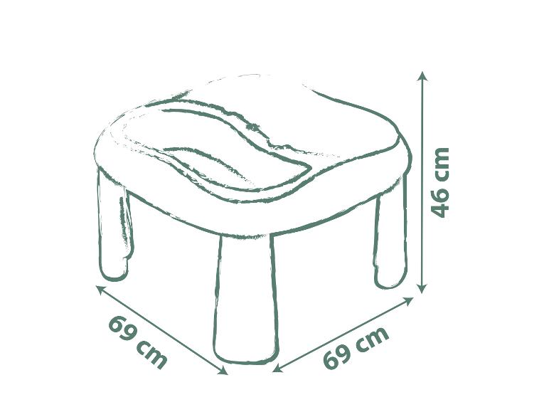 Maatdiagram van een vierkante kindertafel, afmetingen 69x69x46 cm.