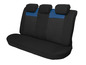 Zwarte autostoelhoes met blauwe accenten.