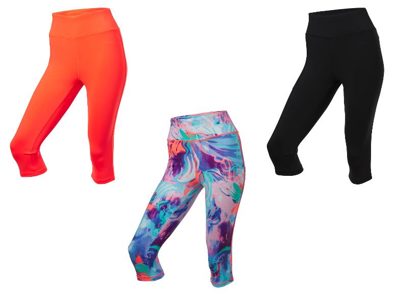 Drie leggings: oranje, zwart en een kleurrijk abstract print.