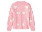 Roze gebreide trui met witte hartpatronen op de rug en mouwen