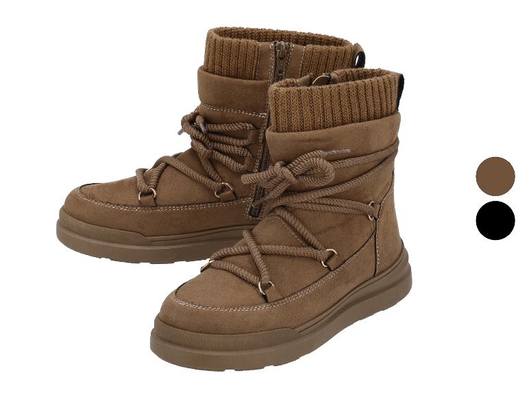 Bruine winterlaarzen met veters en gebreide kraag, verkrijgbaar in bruin en zwart.