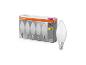 Een verpakking van vijf LED-kaarslampen met E14-fitting, 4,9W gelijk aan 40W, 470lm, warm wit licht, naast een enkele lamp.