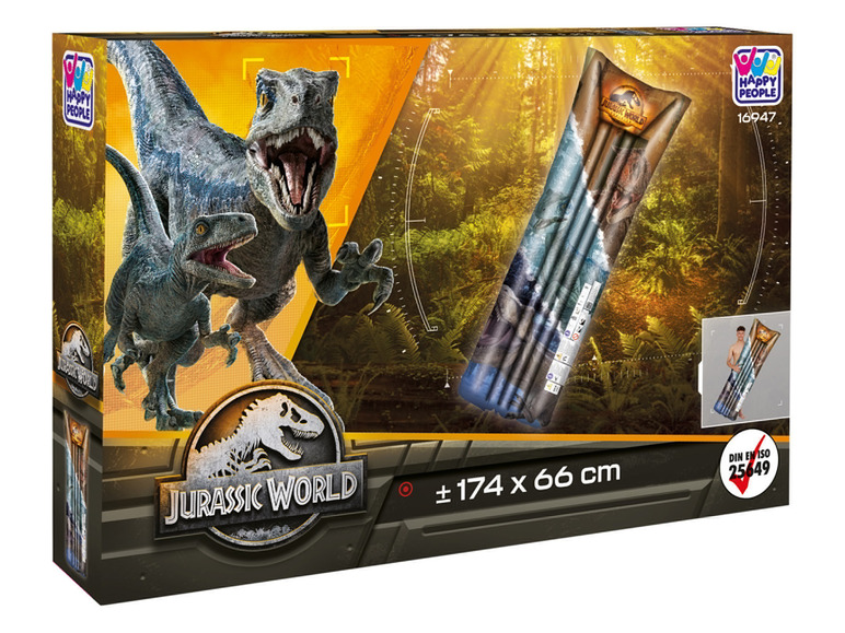 Verpakking voor een Jurassic World luchtbed met dinosaurus-print.