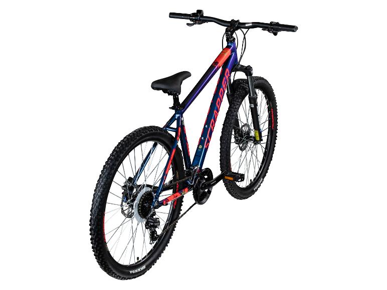Rapper mountainbike met een blauw en rood frame, met Kenda banden.