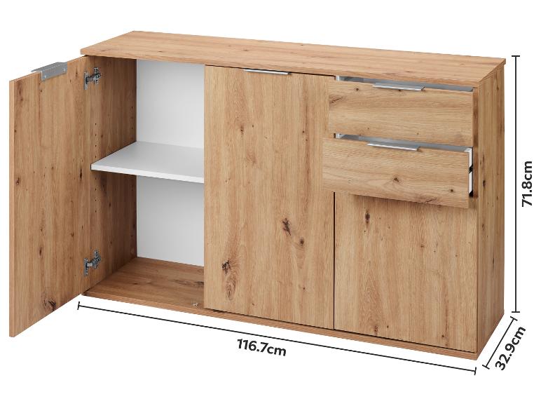 Houten dressoir met twee deuren, een interne plank en twee lades, afmetingen 116.7x71.8x32.9cm.