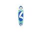 Blauw en mintgroen SUP board met peddel en accessoires, bovenaanzicht.