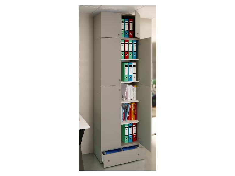 Hoge kantoorkast met ordners en boeken, met een open lade.