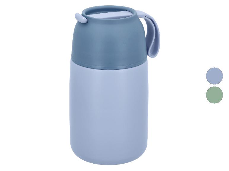 Blauwe thermosfles met handvat en twee kleurstaaltjes aan de zijkant