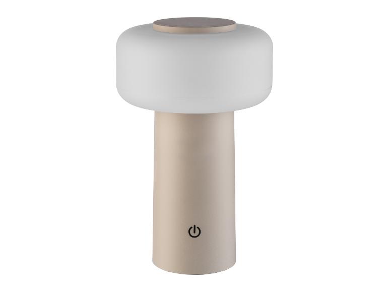 Beige tafellamp met een matwitte lampenkap en een aan/uit-symbool