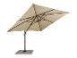 Beige zweefparasol met donkerbruin frame en vierkante voet
