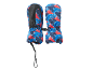 Kinderwinterwanten met blauw-rood abstract patroon en zwarte grip.