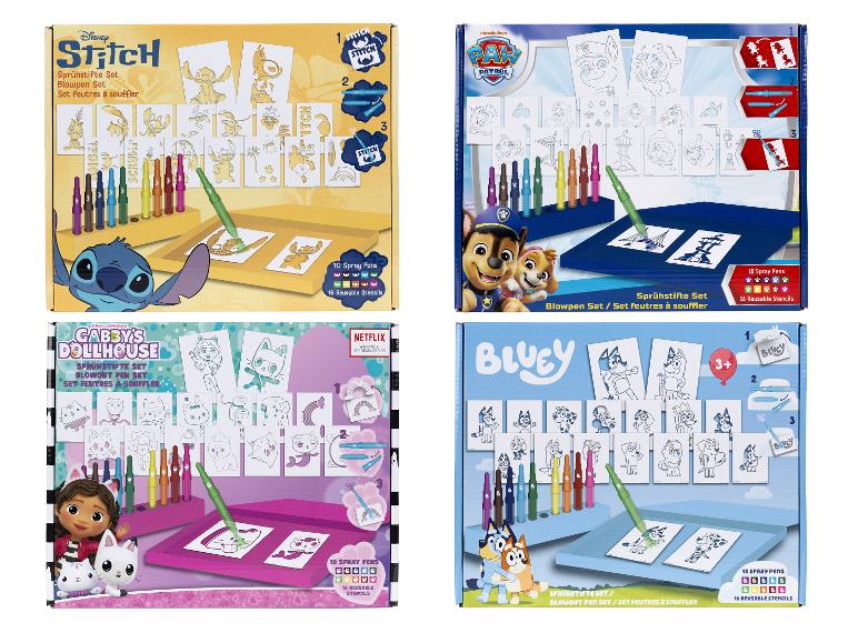 Vier blaaspen-sets met diverse cartoon-thema's en sjablonen.