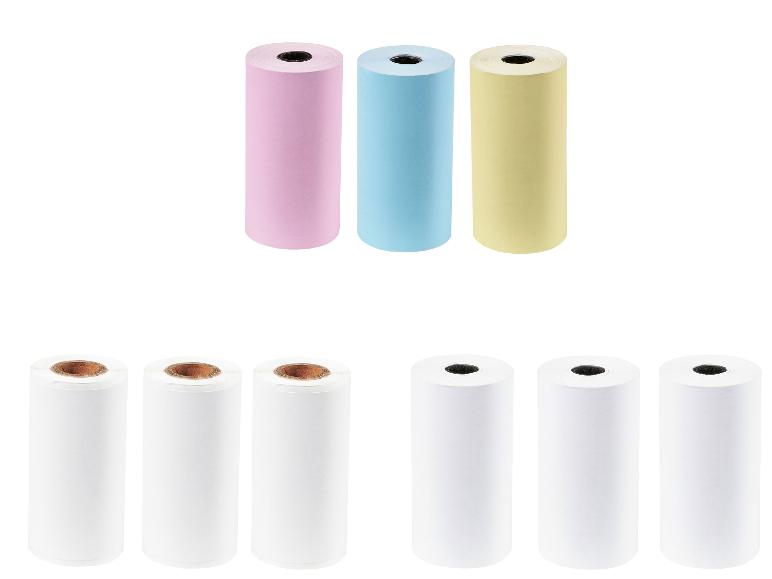 Thermische papierrollen: wit, roze, blauw en geel.