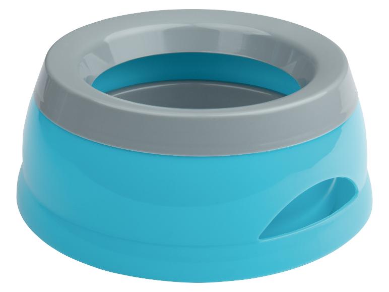 Voer- en drinkbak voor huisdieren, blauw en grijs plastic.