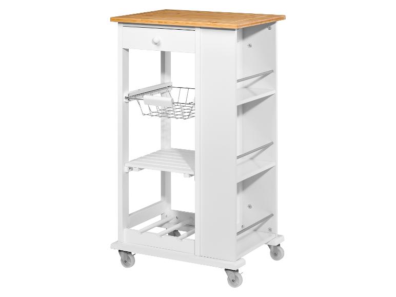 Witte keukenwagen met bamboe aanrechtblad.