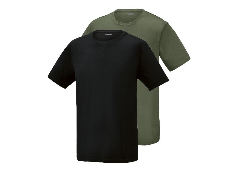 Twee T-shirts met korte mouwen, één zwart en één olijfgroen.
