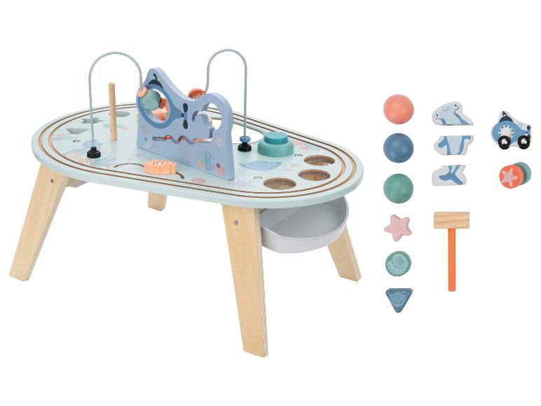 Houten activiteitentafel met zeethema, kralen doolhof en accessoires.