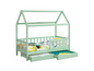 Een lichtgroen kinderbed met een huisvormig frame en twee lades.