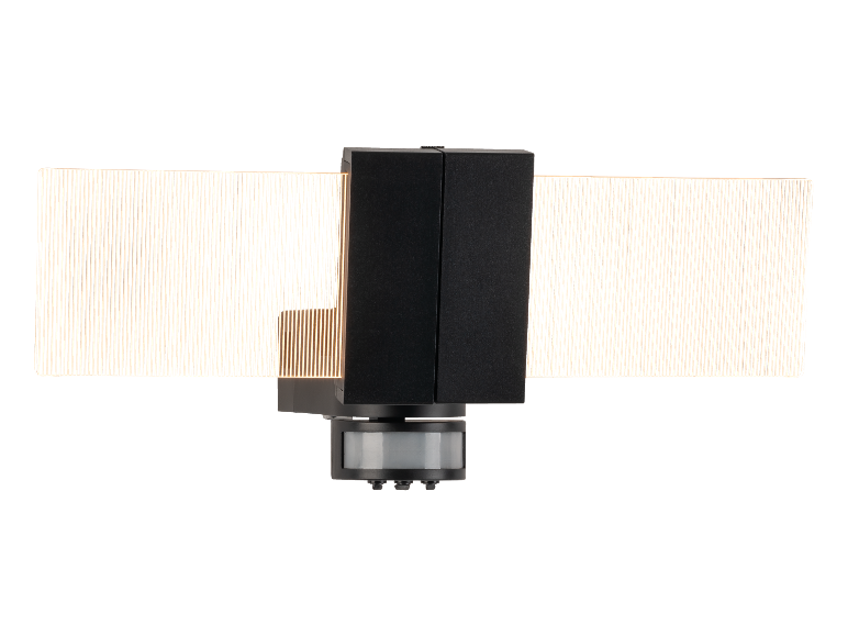 Een zwarte bewegingssensor met geïntegreerde LED-verlichting.