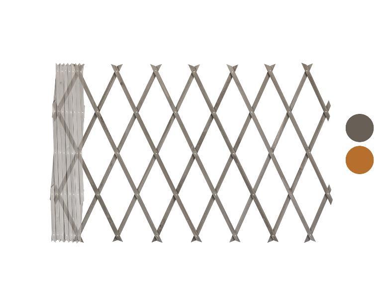 Grijze uitschuifbare houten trellis met twee kleurmonsters.