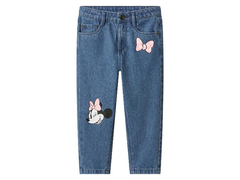 Blauwe kinderjeans met Minnie Mouse-print en roze strik